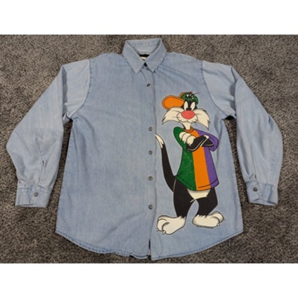 Other - Vintage Sylvester Shirt Mens Medium‎ Denim 90s Warner Bros Beverly Hills USA